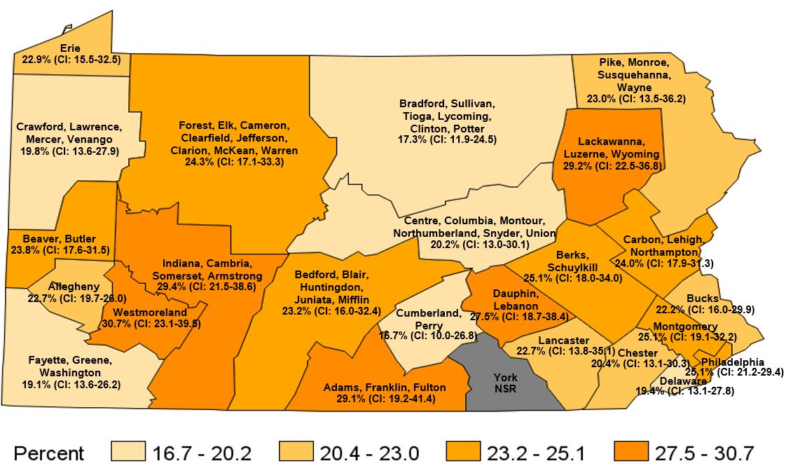 Provided Regular Care/Assistance to Friend/Family Member Who Has a Health Problem/Disability in the Past Month, Pennsylvania Regions, 2019